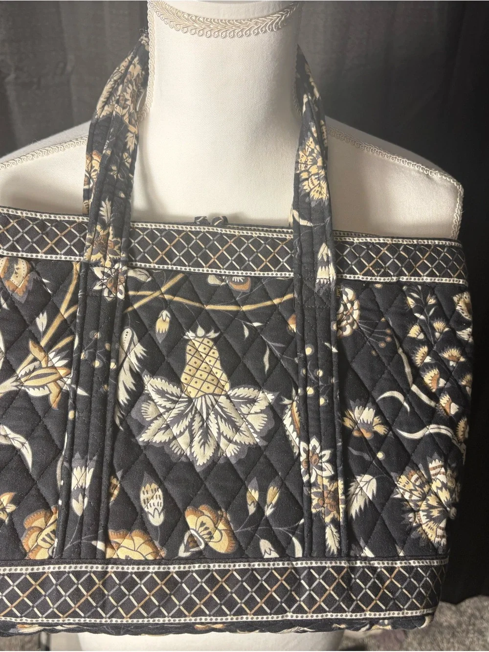 Vera Bradley Quilted Floral Tote in Black and Cream